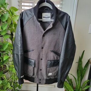 Orisue Mens Wool Blend Lambskin Leather Sleeve Varsity Bomber Jacket Grey Large